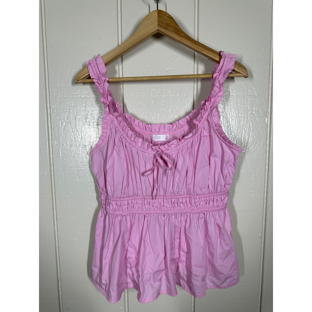 Lauren Conrad Peplum Top Womens M Pink Sleeveless Ruffle Smocked Waist Tie Front